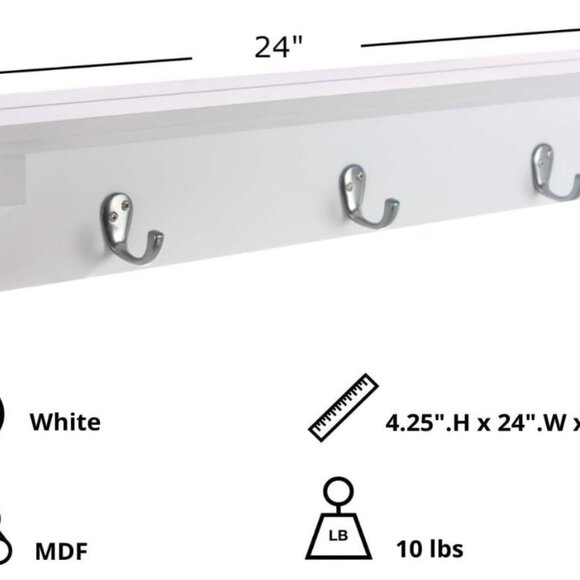 kieragrace (FN00395-9) Finley 24" Wall Shelf with 3 Metal Hooks in White finish - Picture 2 of 4